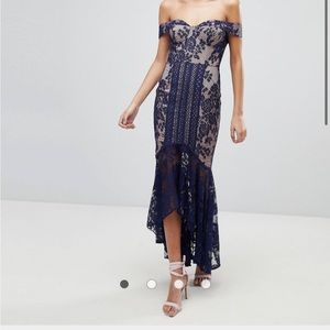 ASOS Jarlo All Over Lace Off Shoulder Fishtail Midi Dress in Navy